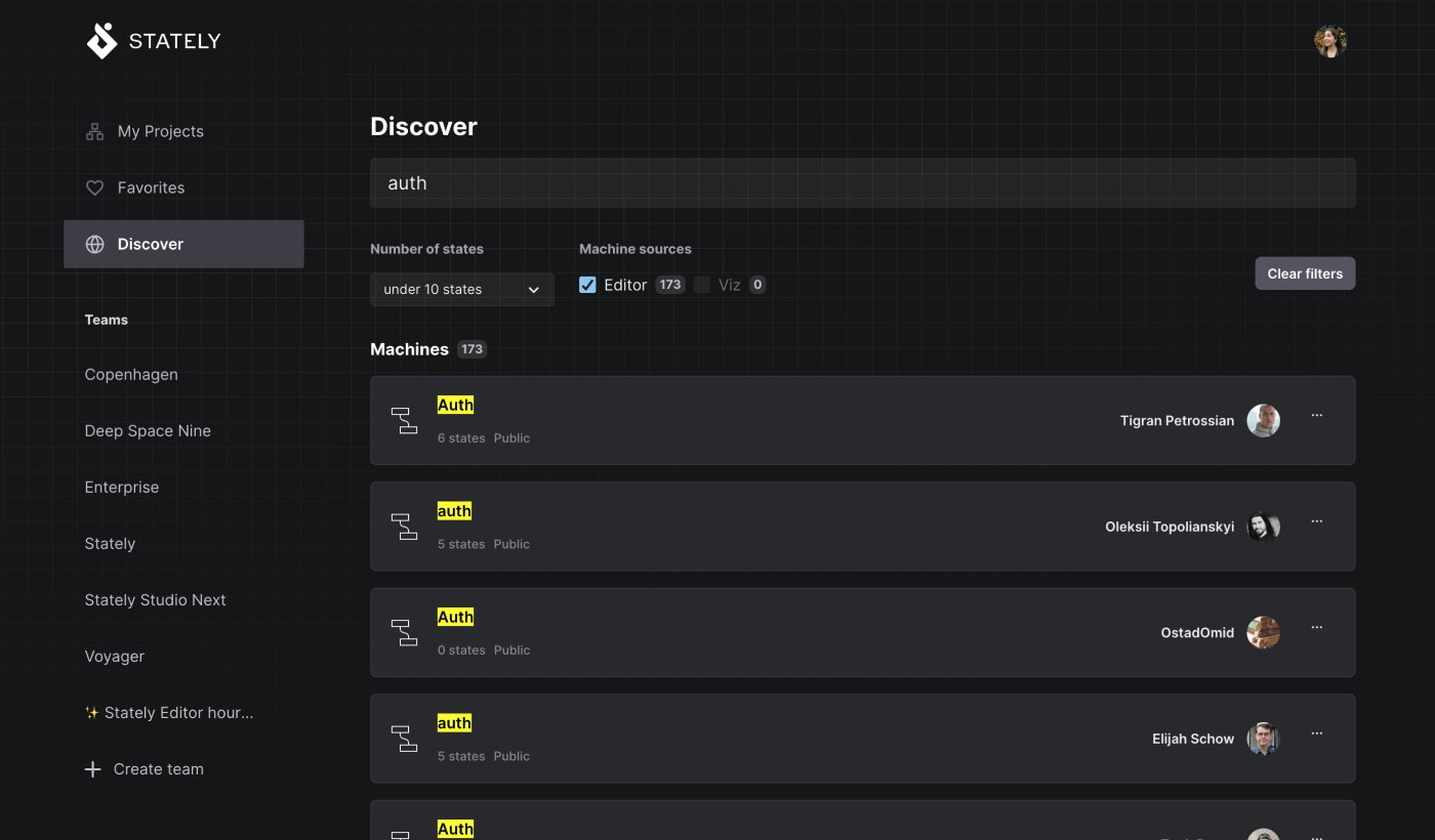 Stately Studio Discover page showing the search results for “auth”, filtered by Editor machines under 10 states, showing 173 results.