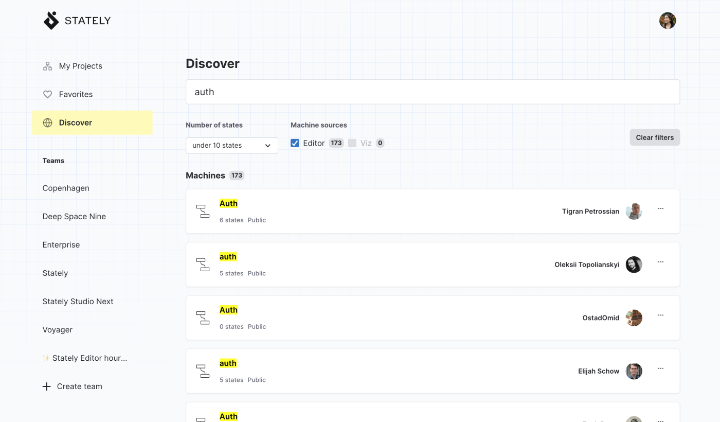 Stately Studio Discover page showing the search results for “auth”, filtered by Editor machines under 10 states, showing 173 results.