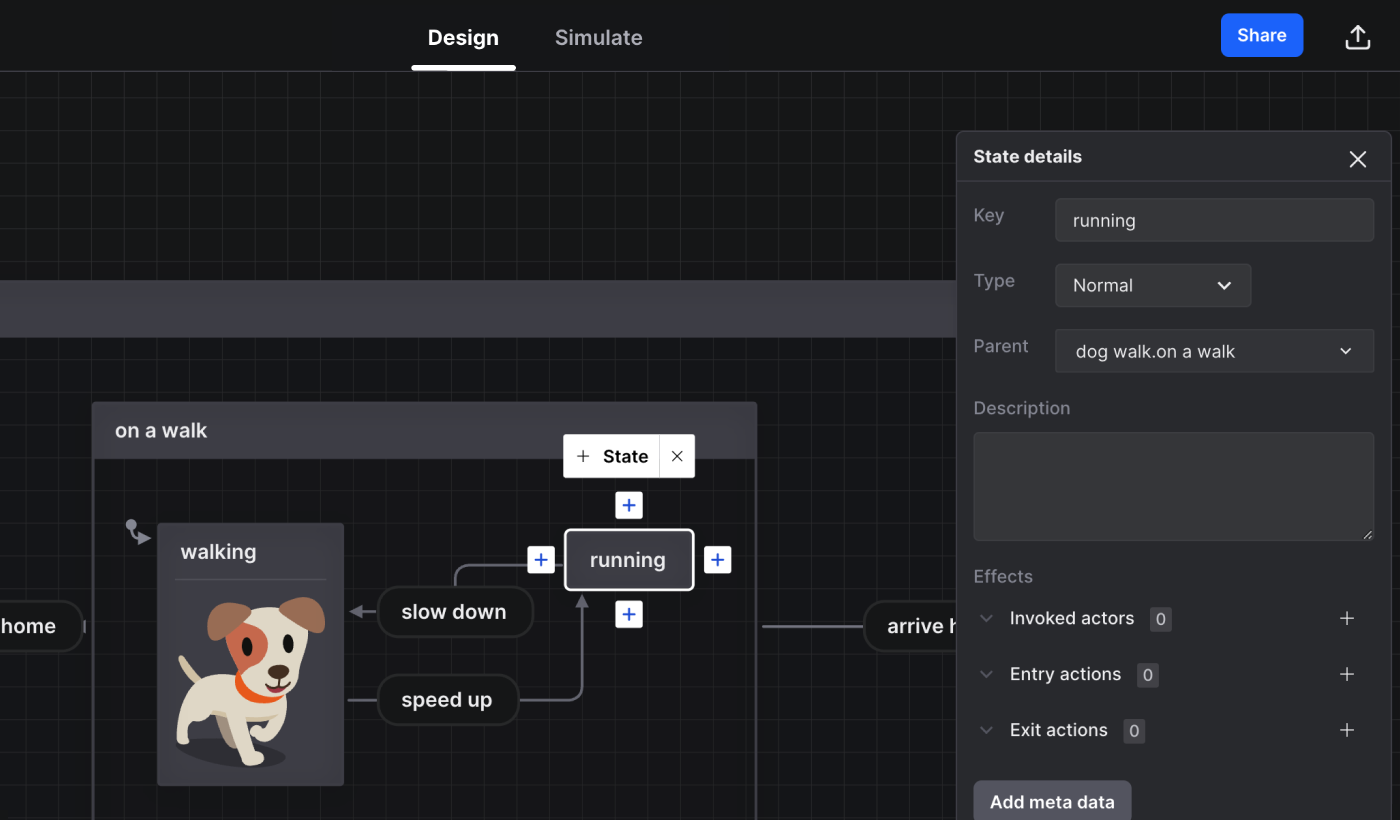 A dog walk machine open in the Stately Studio Editor in Design mode. The running state is selected, with the right panel showing options for a state.