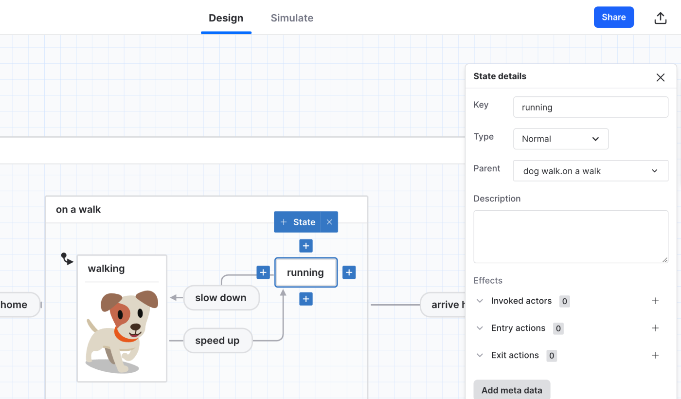 A dog walk machine open in the Stately Studio Editor in Design mode. The running state is selected, with the right panel showing options for a state.