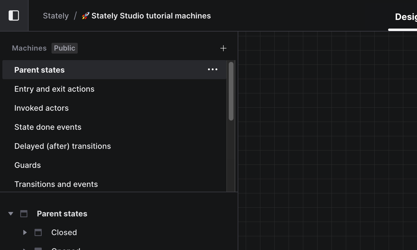 Stately Studio Editor showing the Machines list in the left drawer for the Stately Studio Tutorials project. The selected machine is called ‘Parent states.’