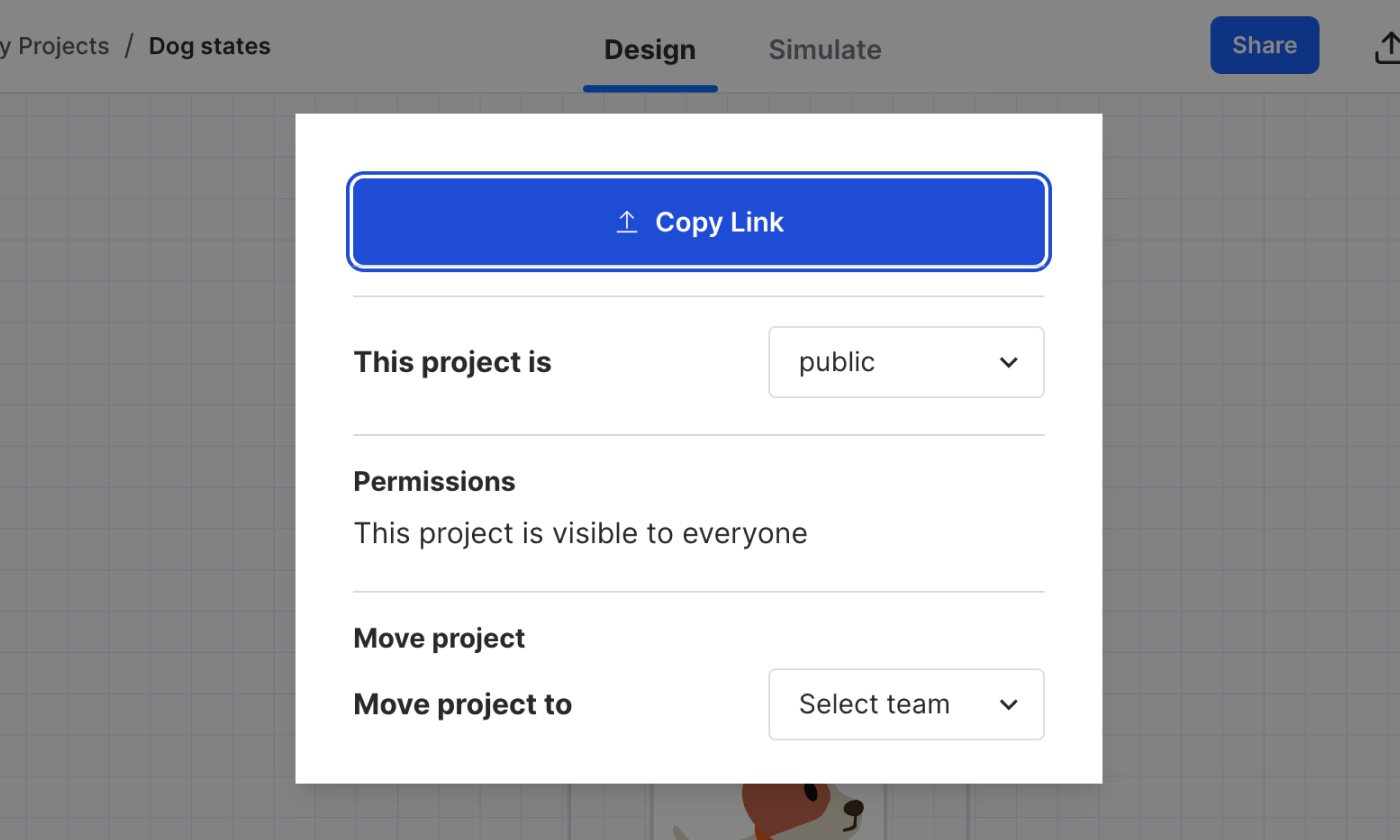 Stately Studio Editor page showing the Share modal with the options for changing project visibility and moving projects to another team.