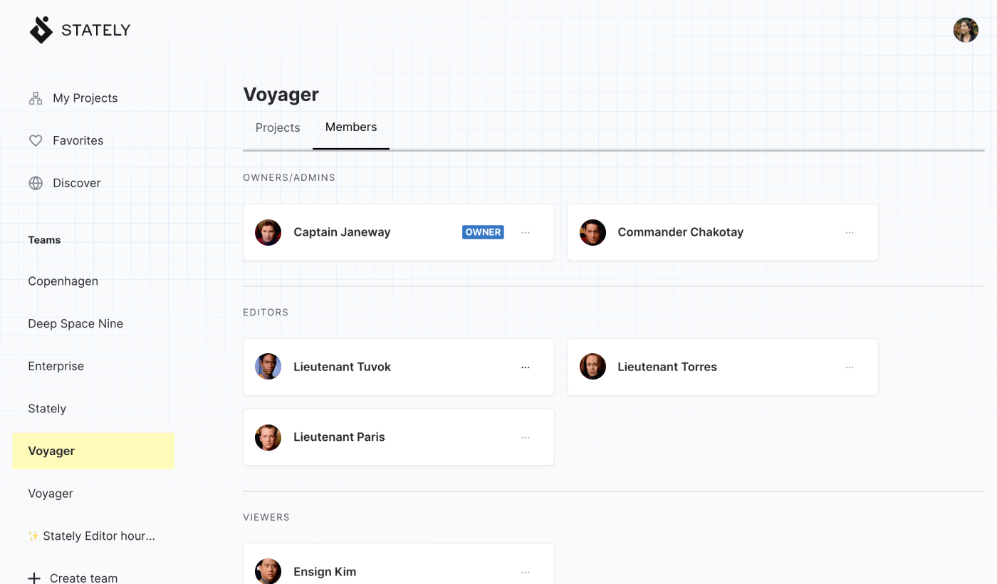 Stately Studio Team page for the Voyager team, showing Captain Janeway with the owner and admin role, Commander Chakotay with an admin role, Lieutenant Tuvok, Lieutenant Torees, and Lieutenant Paris with Editor roles, and Ensign Kim with a Viewer role.